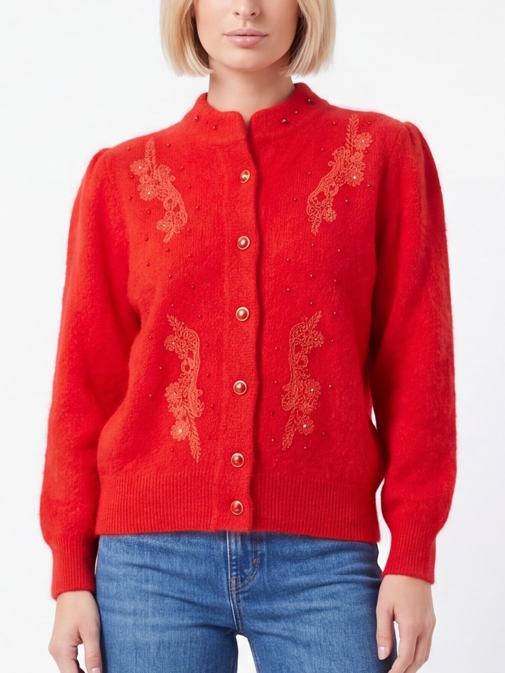 Vintage Angora Rabbit Floral Beaded Sweater rhinestone Cardigan Fall Holiday